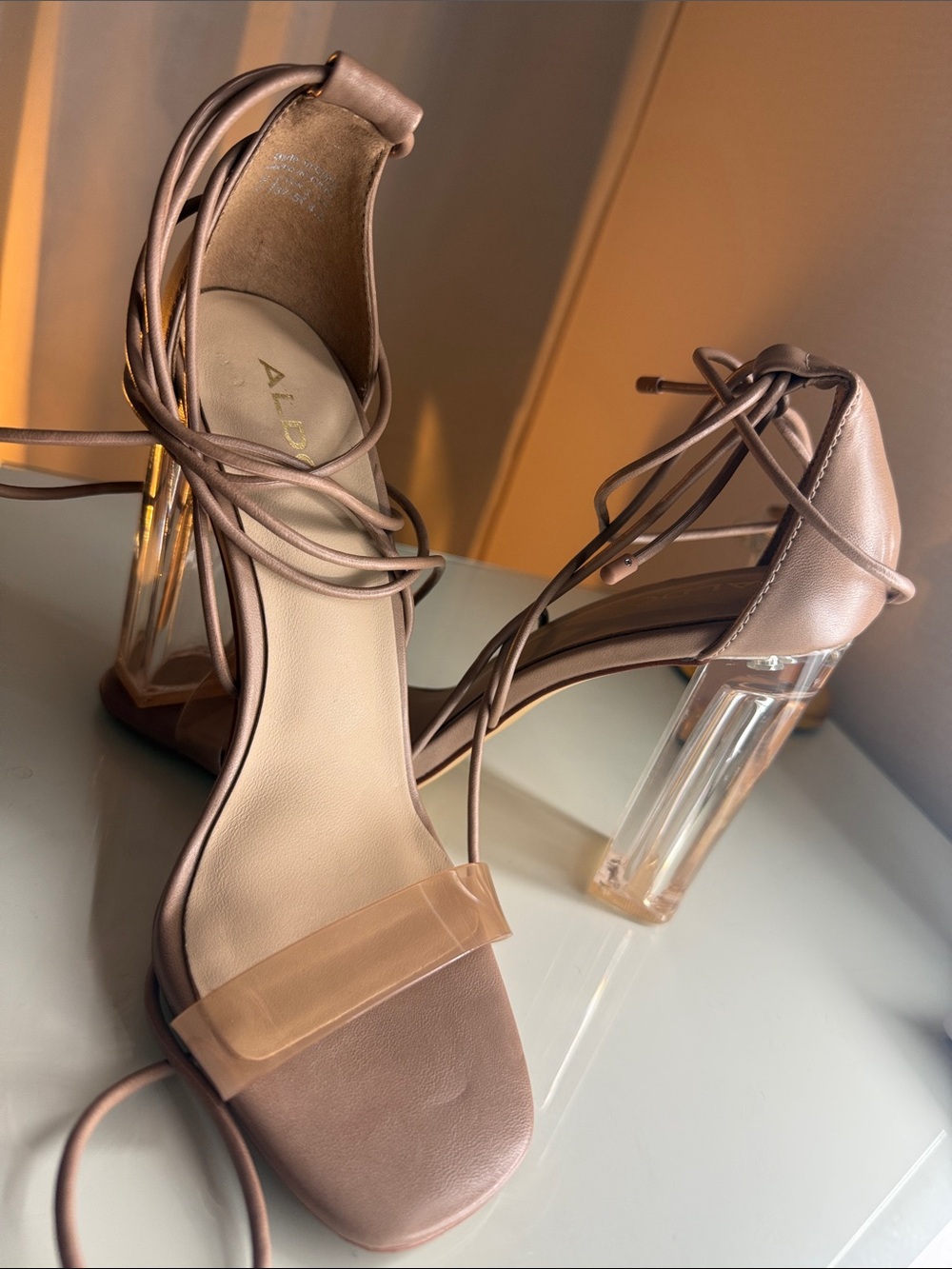 Aldo Blush Lace-Up Clear Block Heel Sandals
